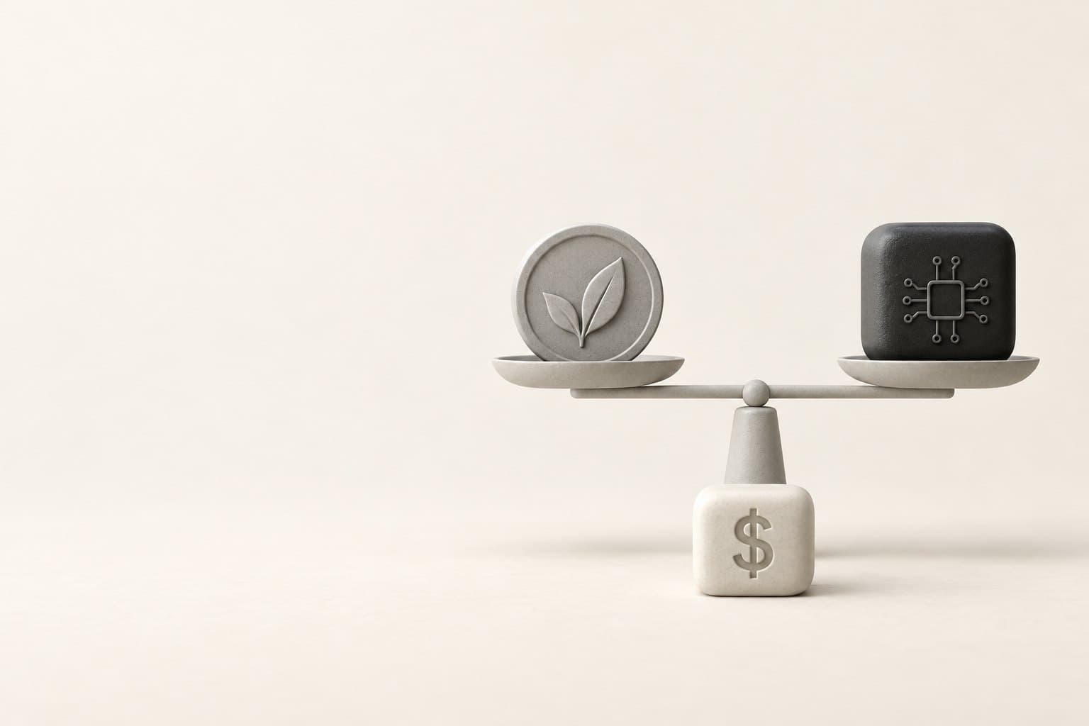 A balance: a sage coin and a chip cube, level, over a dollar block
